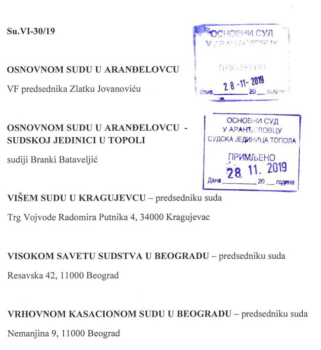 Факсимил прве стране одговора Драгана Тодоровића на обавештење Златка Јовановића, председника Основног суда у Аранђеловцу од 29. октобра 2019.