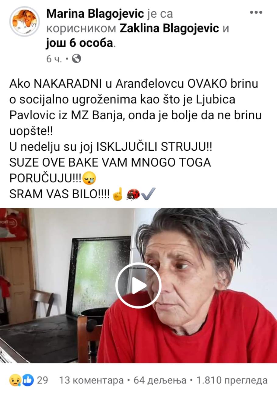 Због јучерашњег искључења струје социјалном случају, Бањанки Љубици Павловић, на фејсбуку право усијање