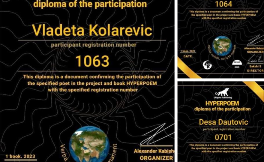 Сертификати дигиталне платформе „Hyperpoem“ (скришот, фејсбук-профил Десе Даутовић)