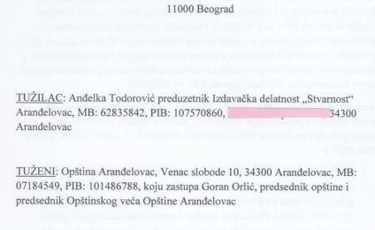 „Стварност“ тужила Општину Аранђеловац Управном суду Републике Србије